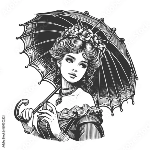 Fototapeta elegant Victorian woman holding a parasol, wearing floral accessories and ornate jewelry sketch engraving generative ai fictional character vector illustration. Scratch board. Black and white image.
