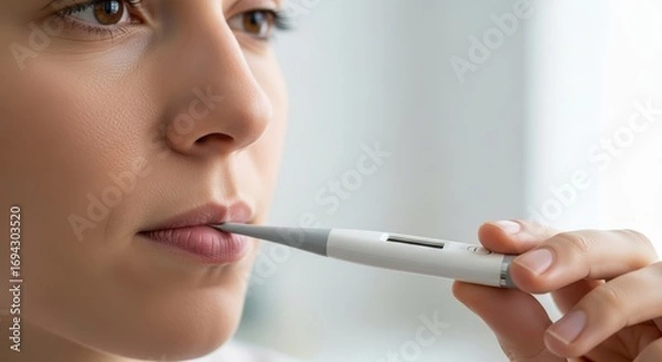 Obraz young woman checking body temperature with digital thermometer at home