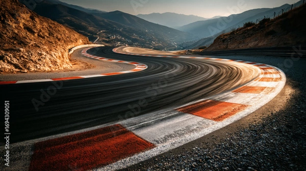Fototapeta Dynamic race track winding through majestic mountains at golden hour thrilling speed adventure awaits