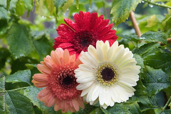 Obraz A white, orange and red begonia with raindrops and green leaves at the background