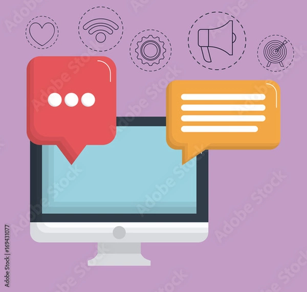 Fototapeta computer with digital marketing related icons over purple background colorful design vector illustration