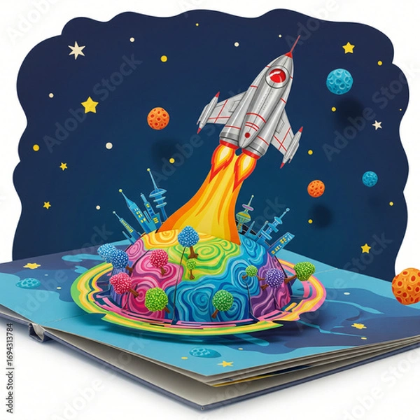Fototapeta Vibrant Pop-Up Book Scene of a Rocket Launching from a Colorful Planet into Space