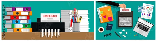 Fototapeta Set of two data security and office work illustrations. Confidential documents being shredded and desk with business items. Flat style vector.