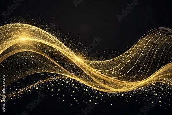 Fototapeta Layered golden waves with sparkling effects creating rhythmic patterns and graceful undulating movement, isolated on a transparent background