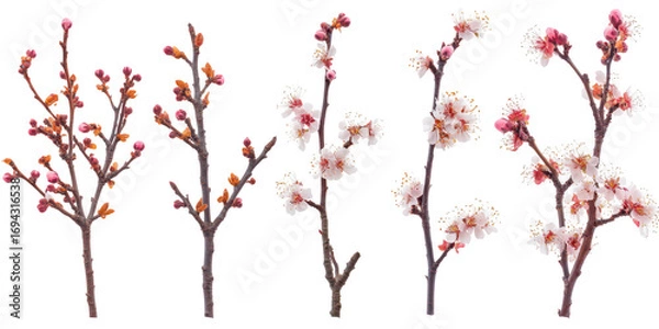 Fototapeta Five flowering branches with white and pink blossoms and buds isolated on a transparent background