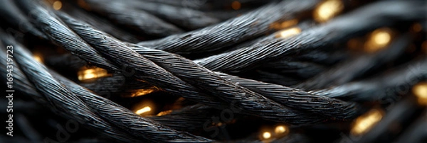 Fototapeta A detailed close-up of thick, dark braided ropes, interwoven with strands of warm, glowing light, creating an abstract and intriguing interplay of texture and illumination.
