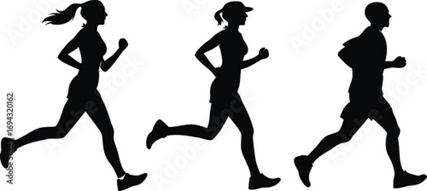 Obraz Running man and woman silhouettes vector set illustration. Male and female runners figure shapes vector.
