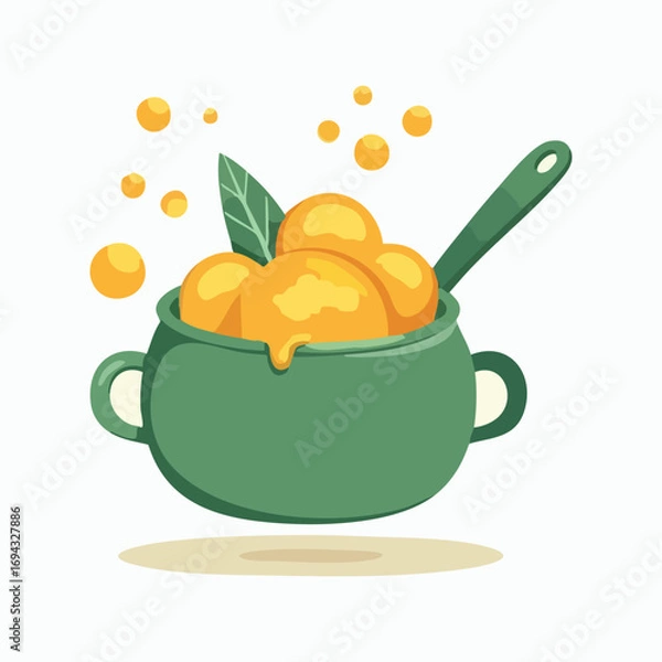Fototapeta An illustration of a pumpkin soup vector in a pot with a spoon, a set of fresh breakfast food icons