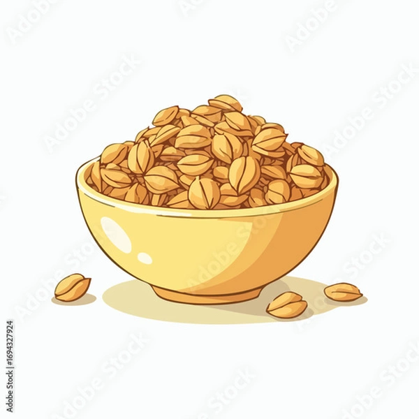 Fototapeta A closeup of a healthy bowl of roasted nuts and a heap of gold coins on a white isolated background