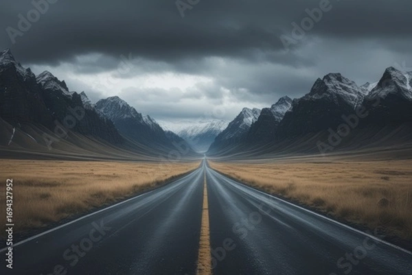 Obraz Long empty road through dramatic mountain landscape under stormy skies