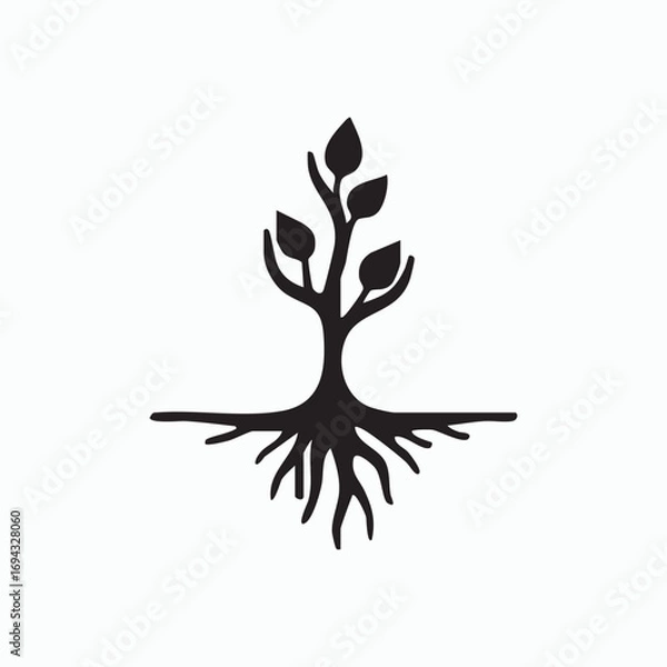 Fototapeta The hand holds a stylized green tree with sprawling roots, a silhouette design symbolizing nature's growth and life