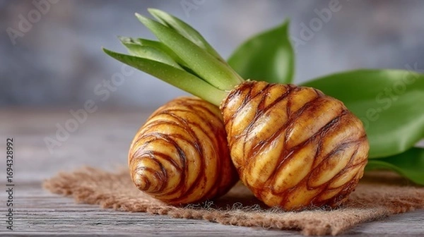 Fototapeta Close-up of Two Freshly Harvested Turmeric Bulbs with Sprouting Shoots