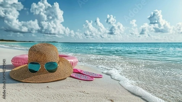 Fototapeta Beach hat, sunglasses, inflatable ring, and flip-flops on sandy shore.