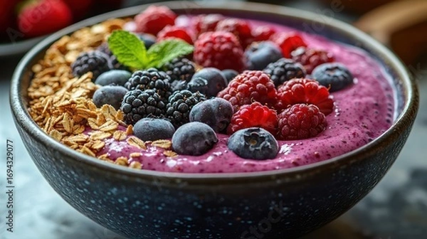 Fototapeta Berry smoothie bowl with granola and mint.