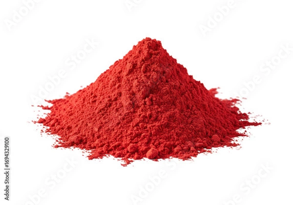 Fototapeta A sculptural mound of vibrant, finely milled scarlet red powder with velvety texture, precise 45-degree angle, on a seamless transparent background. Concept for product purity