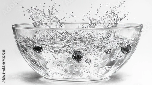 Fototapeta Black berries splashing in a glass bowl of water.