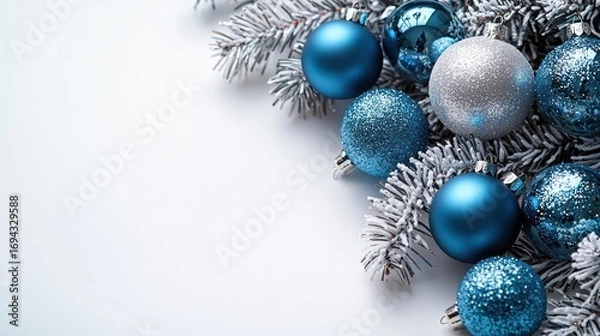 Fototapeta Blue and silver Christmas ornaments on snowy fir branches on white background.