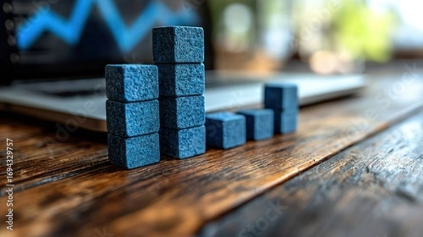 Fototapeta Blue cubes forming a bar graph on a wooden table with a laptop showing a declining chart in the background.