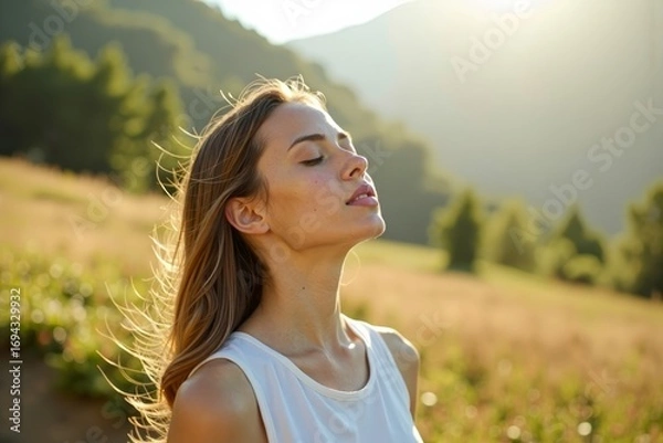 Fototapeta A woman enjoying the fresh air of nature with closed eyes on a tranquil day.