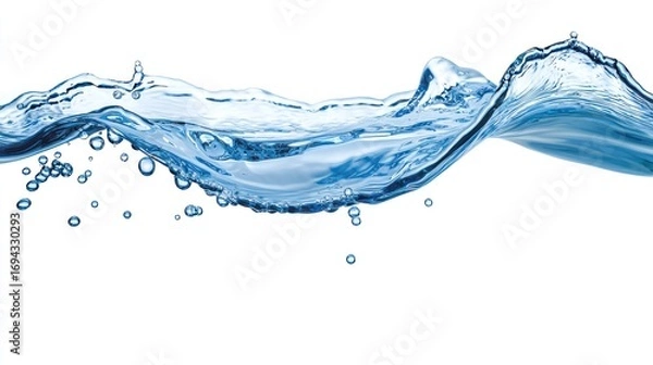 Fototapeta Blue water wave with bubbles isolated on white background.