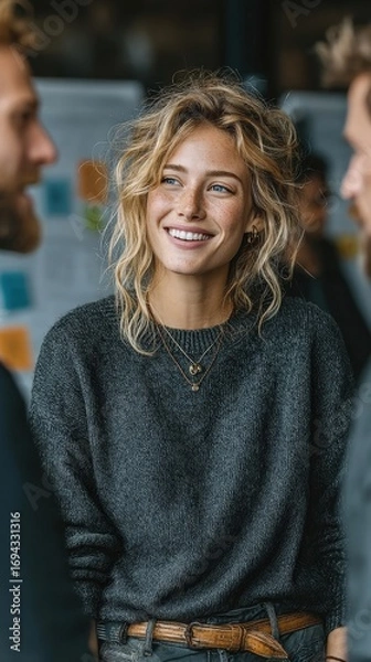Fototapeta Cheerful Young Woman Engaging in Conversation in Modern Workspace