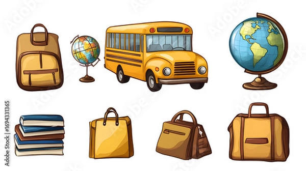 Obraz School bus, school bag, books, pens, globe, glasses, pen holder, briefcase, transparent picture, cutout, png