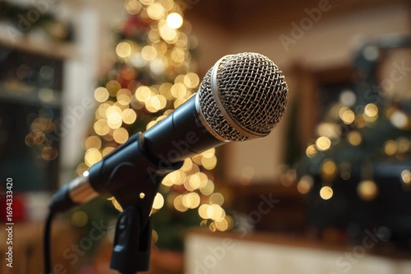 Fototapeta microphone with blurred christmas tree in the background