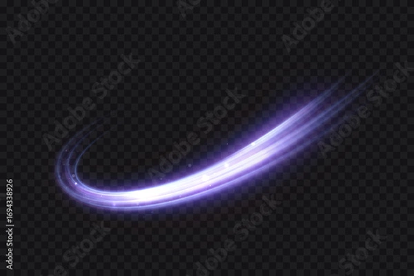 Fototapeta A purple curved light trail with sparkling particles and a soft glow on a transparent background. A bright arc-shaped vortex with glittering dust for overlays, headers, and abstract designs.
