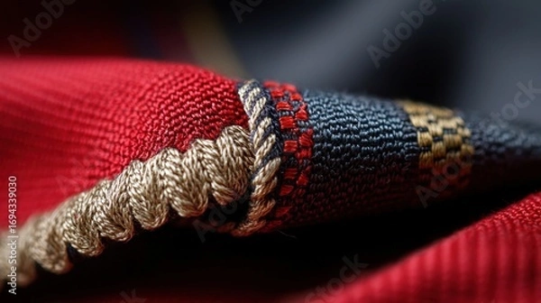 Obraz Close-up of a red fabric with a black and gold stripe running along the edge. the fabric appears to be made of a woven material, possibly cotton or a similar material.