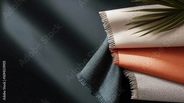 Obraz Close-up of a stack of folded fabrics. the fabrics are in different colors - white, orange, and grey.
