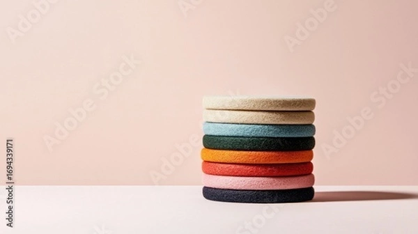 Obraz Stack of colorful sponges arranged in a pyramid-like shape on a white surface. the spongs are of different colors - white, beige, orange, green, blue, pink, and black.