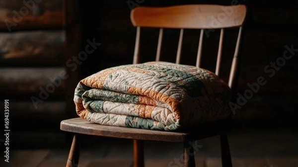 Obraz Wooden chair with a stack of folded quilts on it. the quilts are in various colors and patterns, including orange, green, and white.