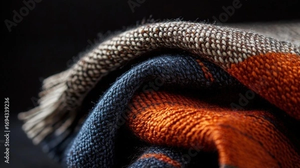 Obraz Close-up of a folded piece of fabric. the fabric appears to be made of a woven material with a textured pattern in shades of orange, blue, and black.