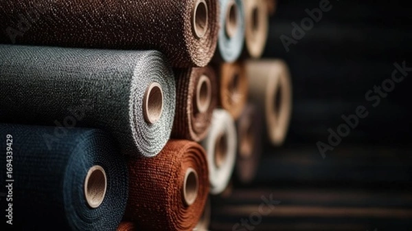 Obraz Stack of rolls of fabric in various colors and sizes. the rolls are arranged in a neat and orderly manner, with each roll slightly overlapping the one below it.