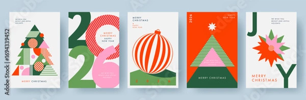 Fototapeta Merry Christmas and Happy New Year Set of greeting cards, posters, holiday covers, backgrounds. Design templates with typography, season wishes in modern minimalist style for web, social media, print