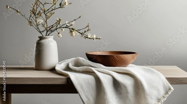 Obraz Wooden table with a white vase and a wooden bowl on it. the vase is made of white ceramic and has a small branch with small white flowers in it.