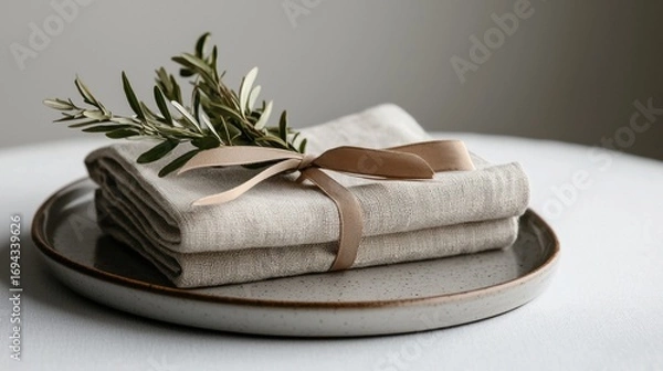 Obraz Stack of folded linen napkins on a round plate. the napkins are neatly folded and tied together with a brown ribbon. on top of the napkins, there is a sprig of olive branch with green leaves.
