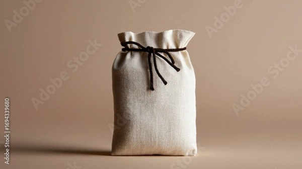 Obraz Small, rectangular, beige-colored bag made of a woven fabric. the bag is tied with a black string that is tied in a bow at the top.