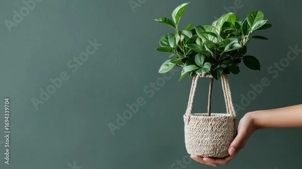 Obraz Hand holding a small potted plant in a woven basket. the basket is made of a light-colored woven material and has two handles on either side. the plant has green leaves and appears to be a succulent.