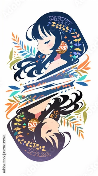 Obraz 物思いにふける女の子、イラスト、パッチワーク