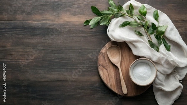 Obraz Flat lay of a wooden table with a white cloth napkin on the right side. on the left side of the table, there is a wooden plate with a wooden spoon and a small bowl of white powder on it.