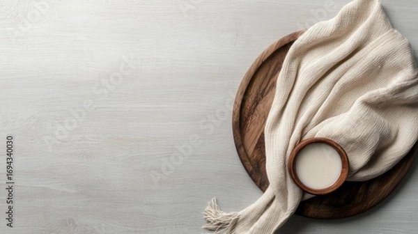 Obraz Wooden plate with a small bowl of milk on it. the plate is placed on a light grey textured surface. on the right side of the plate, there is a beige-colored towel draped over the edge of the bowl.