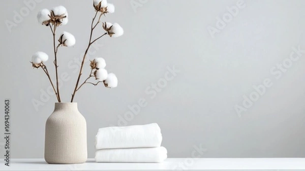 Obraz White vase with a bunch of cotton flowers in it. the vase is made of a light-colored material and has a round shape with a narrow neck. next to the vase, there is a stack of folded white towels.