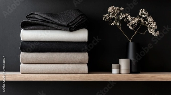 Obraz Stack of folded towels on a wooden shelf against a black wall. the towels are neatly folded and stacked on top of each other.