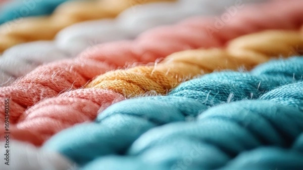 Obraz Close-up of a group of colorful knitted fabric. the fabric appears to be made of a soft, textured material, possibly wool or a similar material.