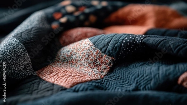 Obraz Close-up of a pile of fabric with different patterns and colors. the fabric appears to be a dark blue color with a subtle texture.