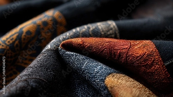 Obraz Close-up of a fabric with a textured pattern. the fabric appears to be made of a dark blue-grey material with a subtle sheen.