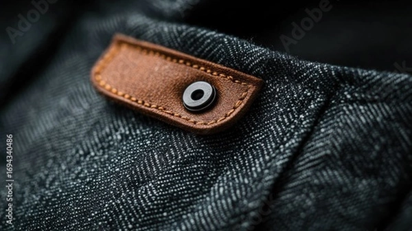 Obraz Close-up of a leather patch on the back of a pair of dark blue jeans. the patch is rectangular in shape and has a small black button in the center.