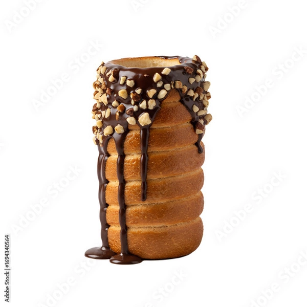 Fototapeta 
kürtoskalács pastry drizzled with chocolate and sprinkled with chopped nuts, isolated on transparent background