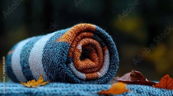 Obraz Rolled up blue and orange striped blanket on a wooden surface. the blanket appears to be made of a soft, knitted material and has a spiral pattern on it.